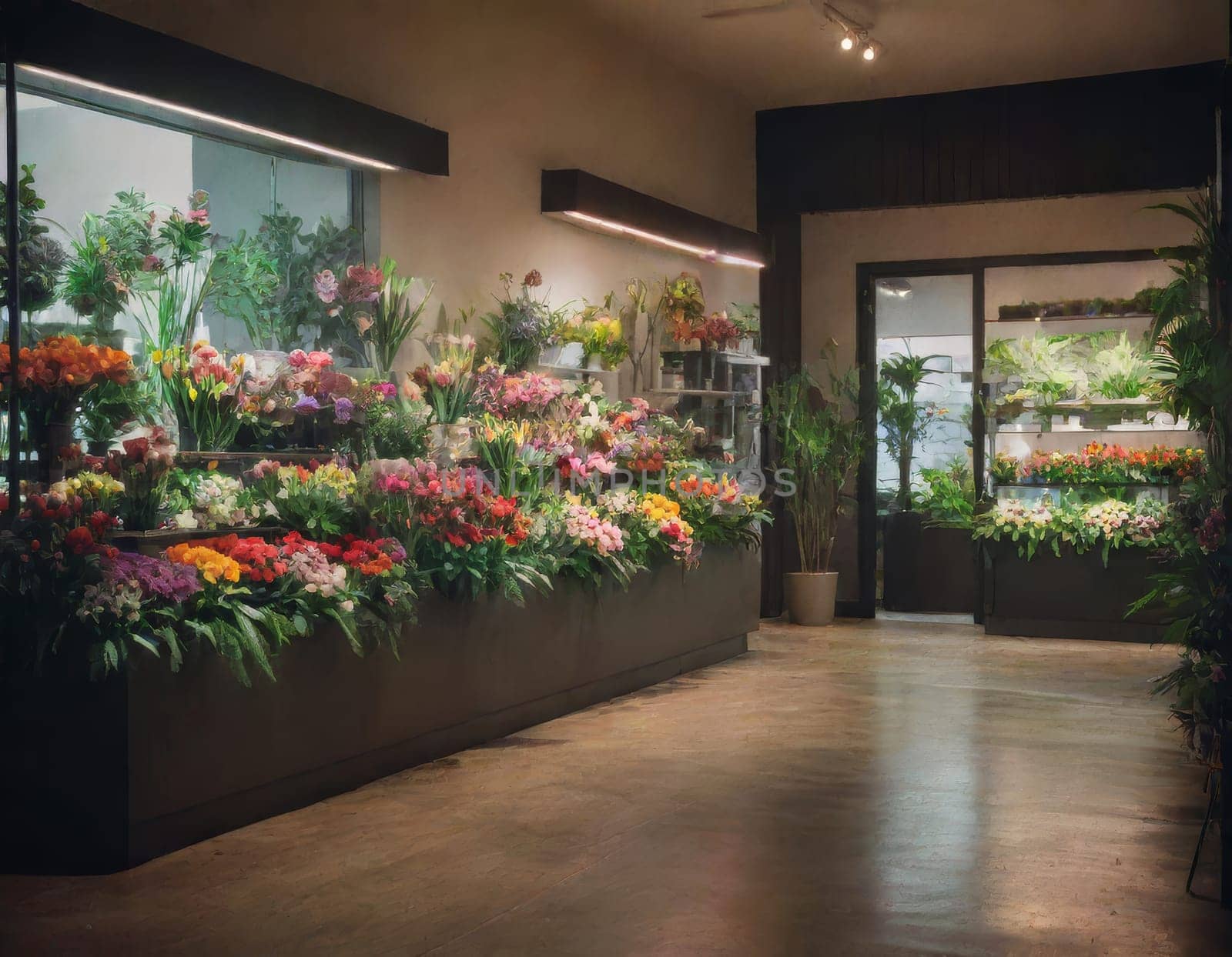 Modern flower shop interior. Interior design of flower shop or store with refrigerator for flowers, Copy space
