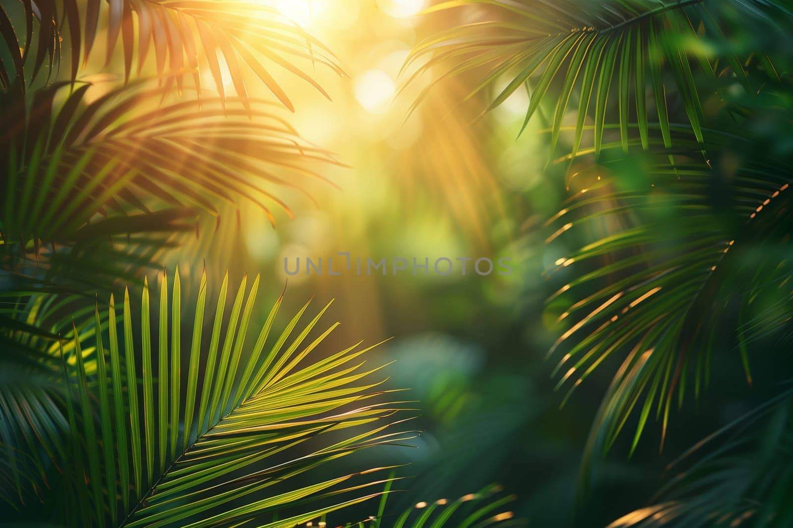 Bright sunlight filtering through the green leaves of a palm tree, creating a dappled pattern on the ground below.