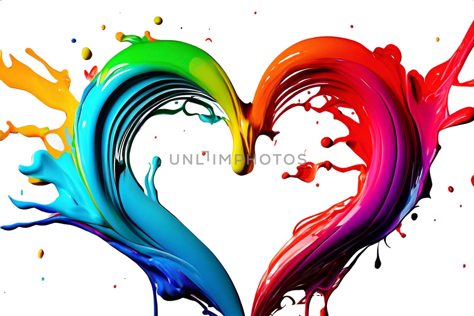 ai generated splash in heart shape from paint in rainbow colors on white background by compuinfoto