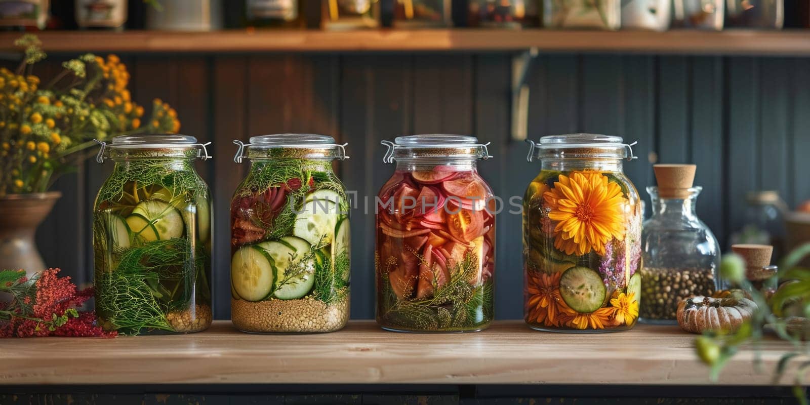 autumn pickles on wooden shelf in the kitchen. ai generated