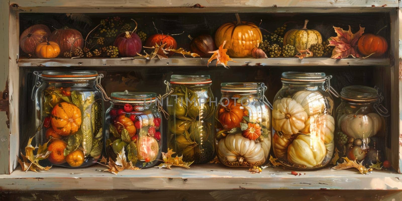 autumn pickles on wooden shelf. ai generated by Desperada