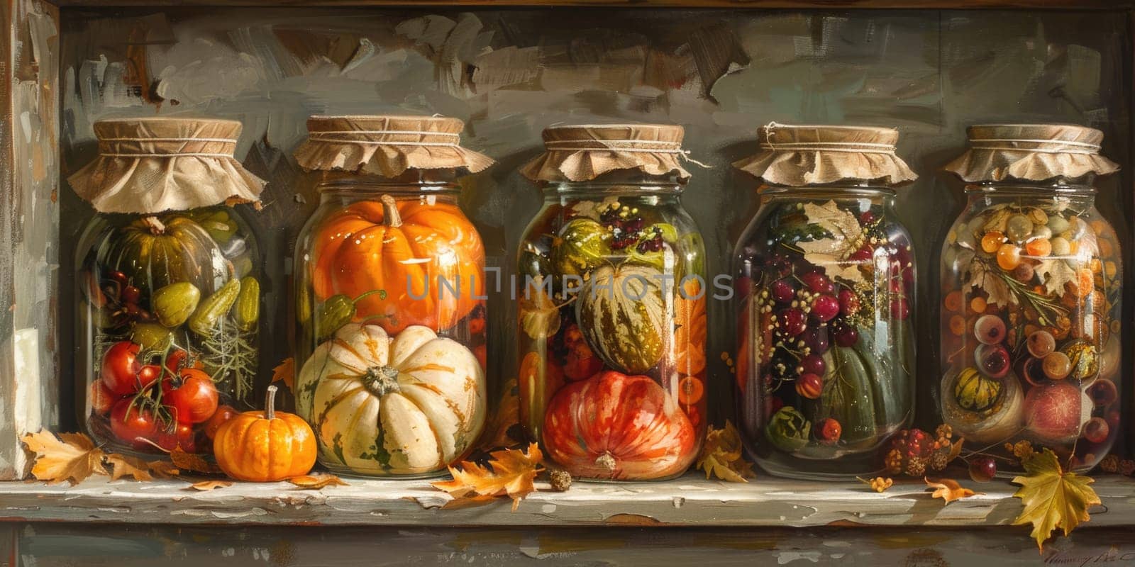 autumn pickles on wooden shelf in the kitchen. ai generated