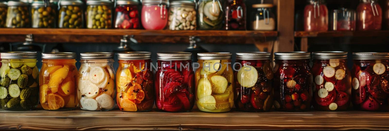 autumn pickles on wooden shelf. ai generated by Desperada