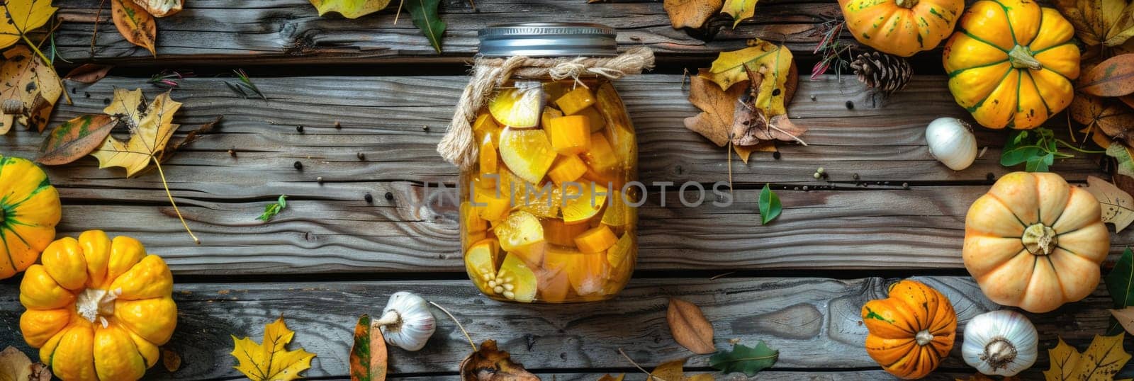 autumn pumpkin pickles on wooden table. ai generated