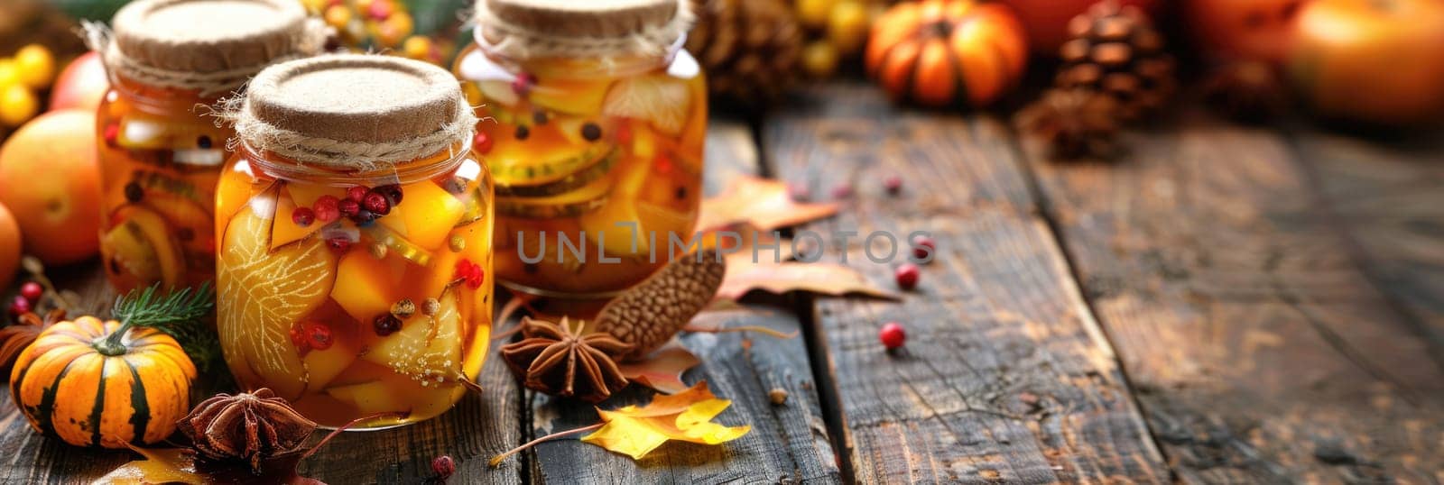 autumn pickles on wooden windowsill, copy space. ai generated