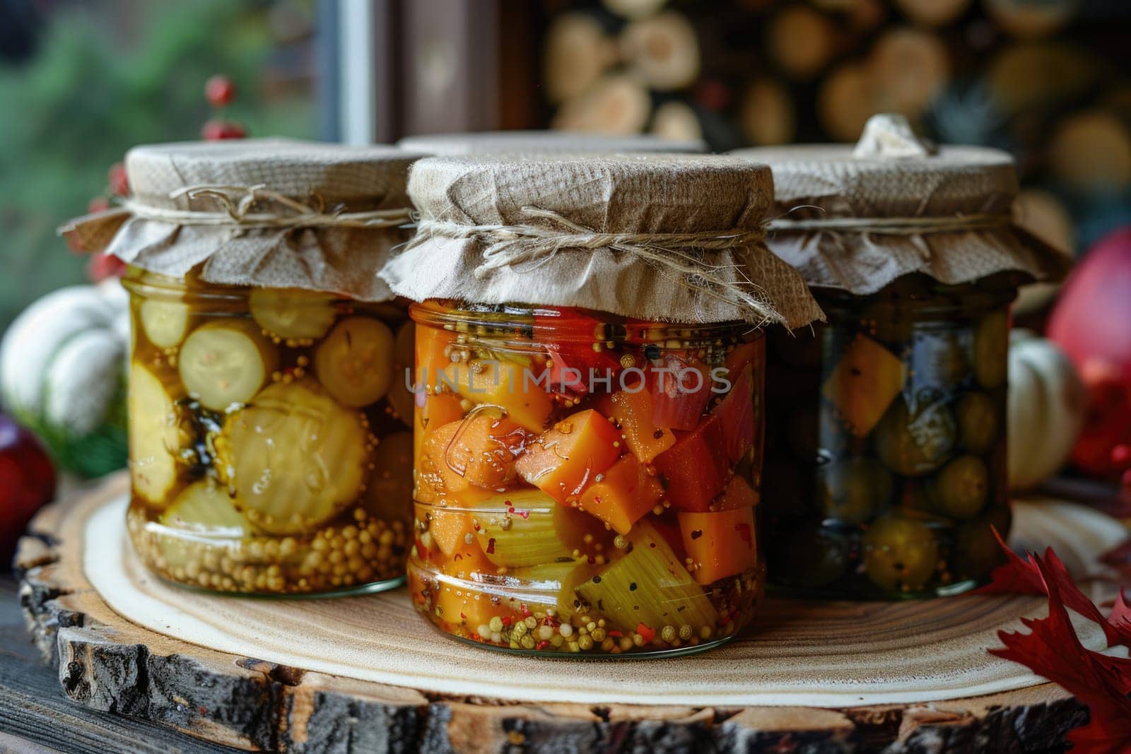 autumn pickles on wooden window. ai generated by Desperada