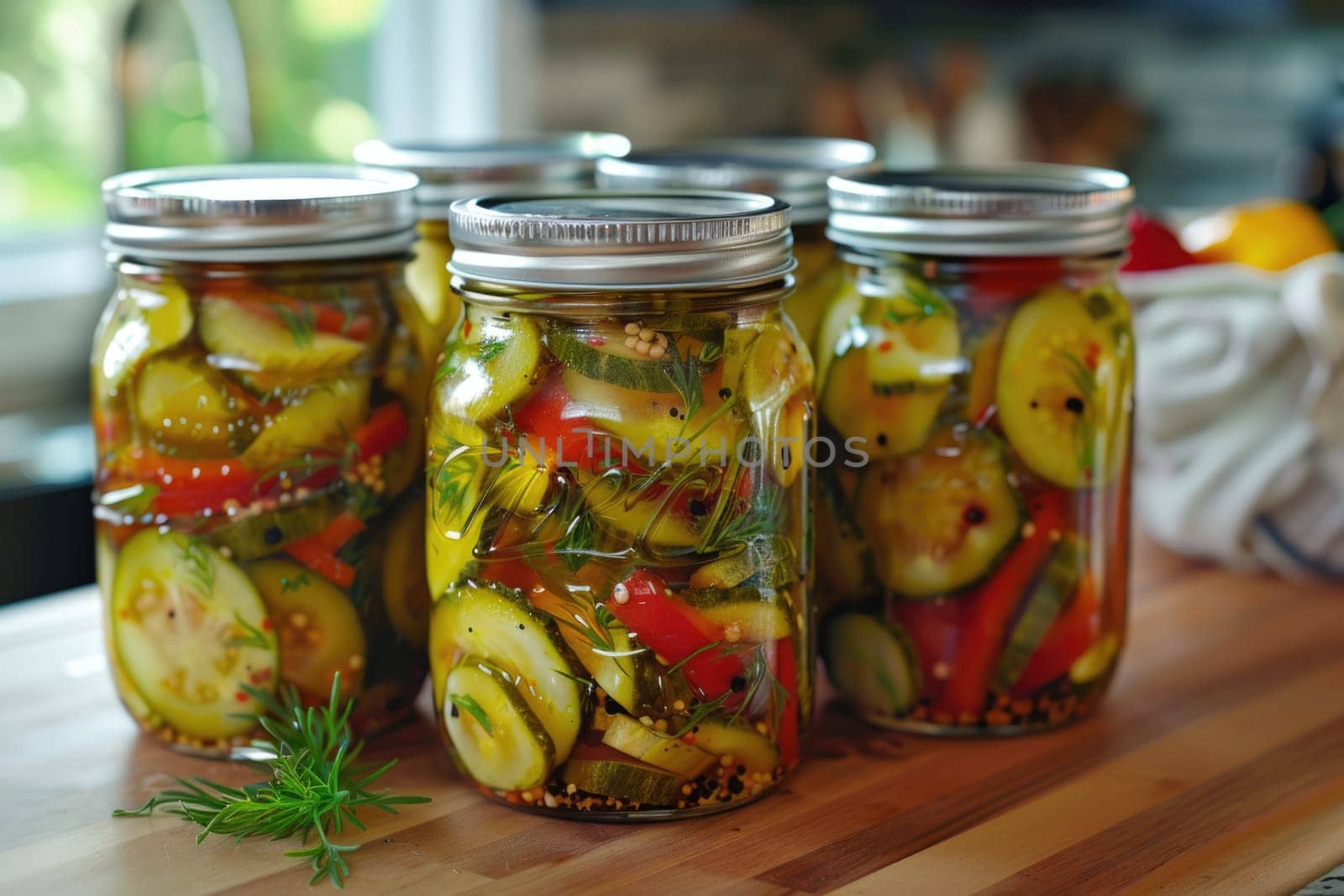 autumn pickles on wooden windowsill. ai generated