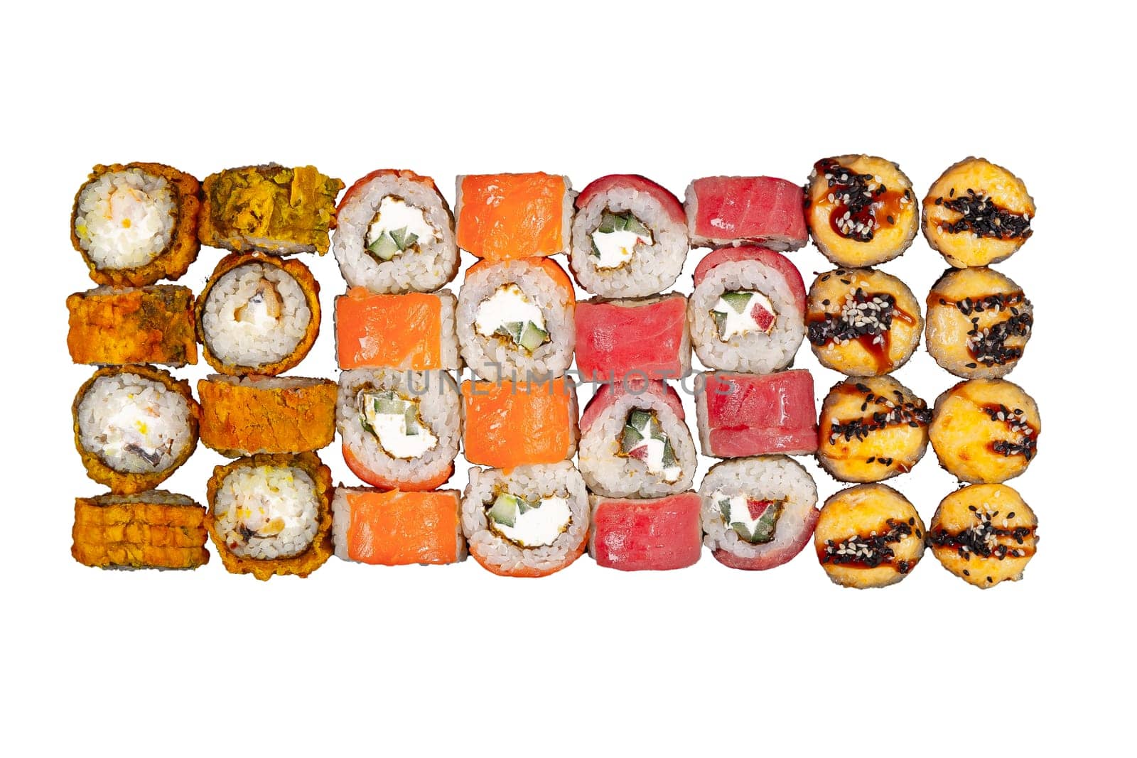 Sushi set served on white background. Various types of sushi rolls Isolated on white background. Top view.
