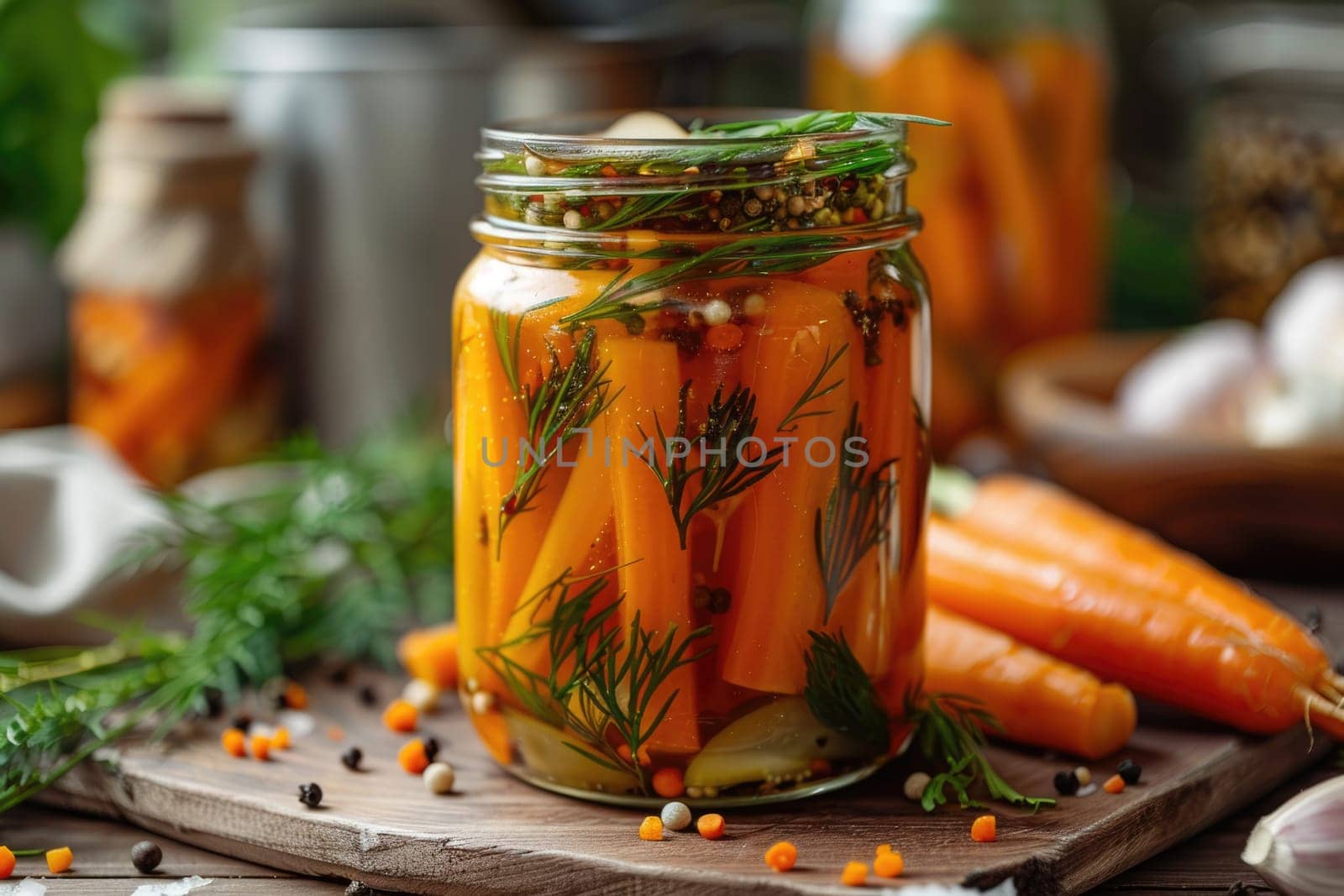 autumn pickles carrots on wooden table . ai generated