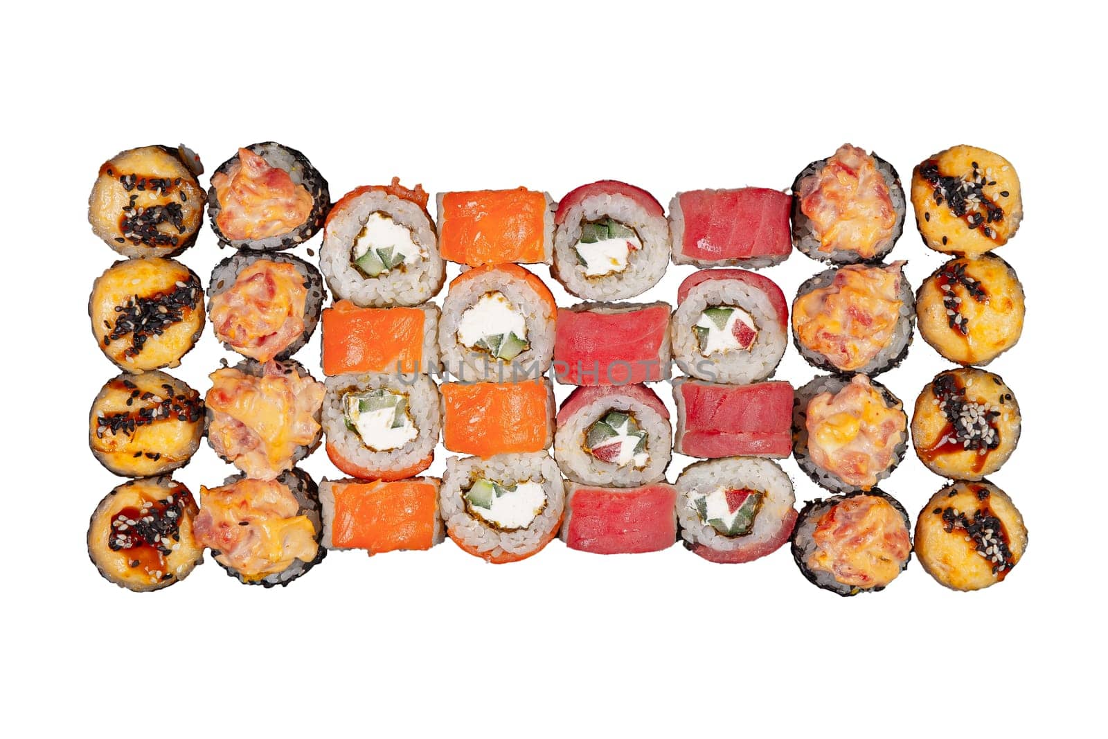 Sushi set served on white background. Various types of sushi rolls Isolated on white background. Top view.