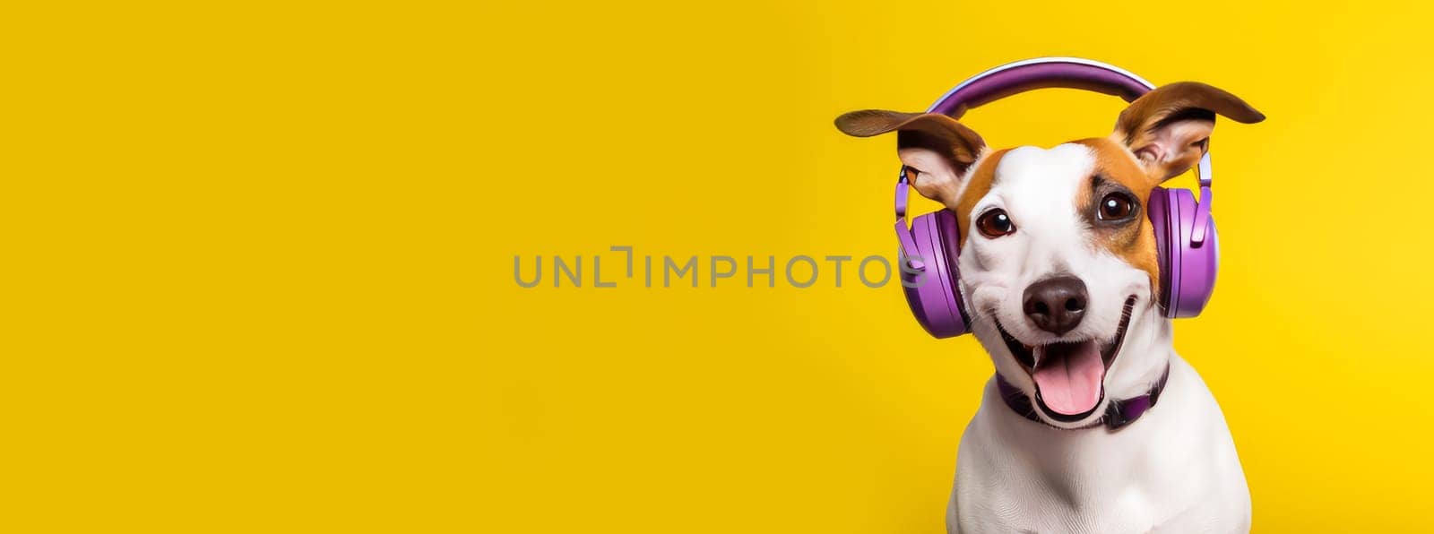 Happy, contented dog listens to music on headphones while on vacation or relaxing on a yellow background. Advertising holidays for animals, music store, pet store, modern training and courses