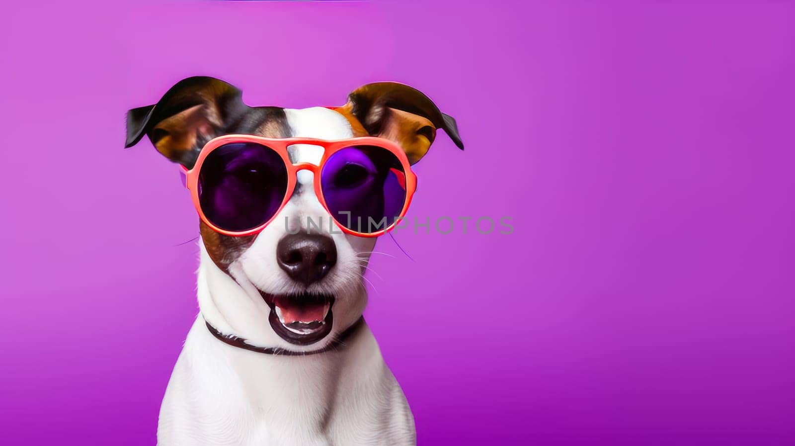Happy, contented dog wearing sunglasses during vacation or vacation on a purple background. Advertising holidays for animals, travel agency, pet store, modern training and courses