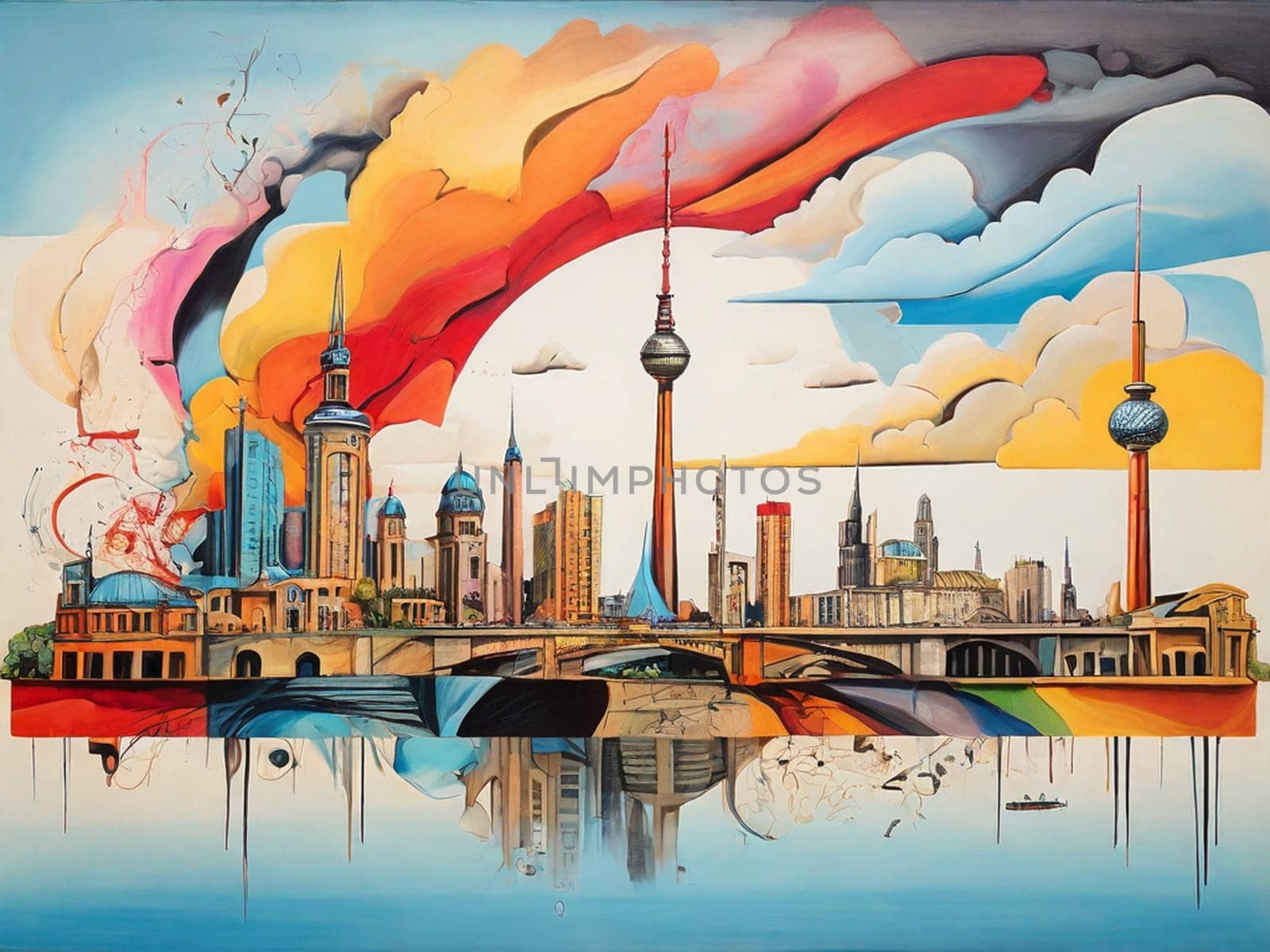 Abstract colorful skyline illustration of Berlin, Germany, various landmarks in Dadaism style ,inspired by Dali.