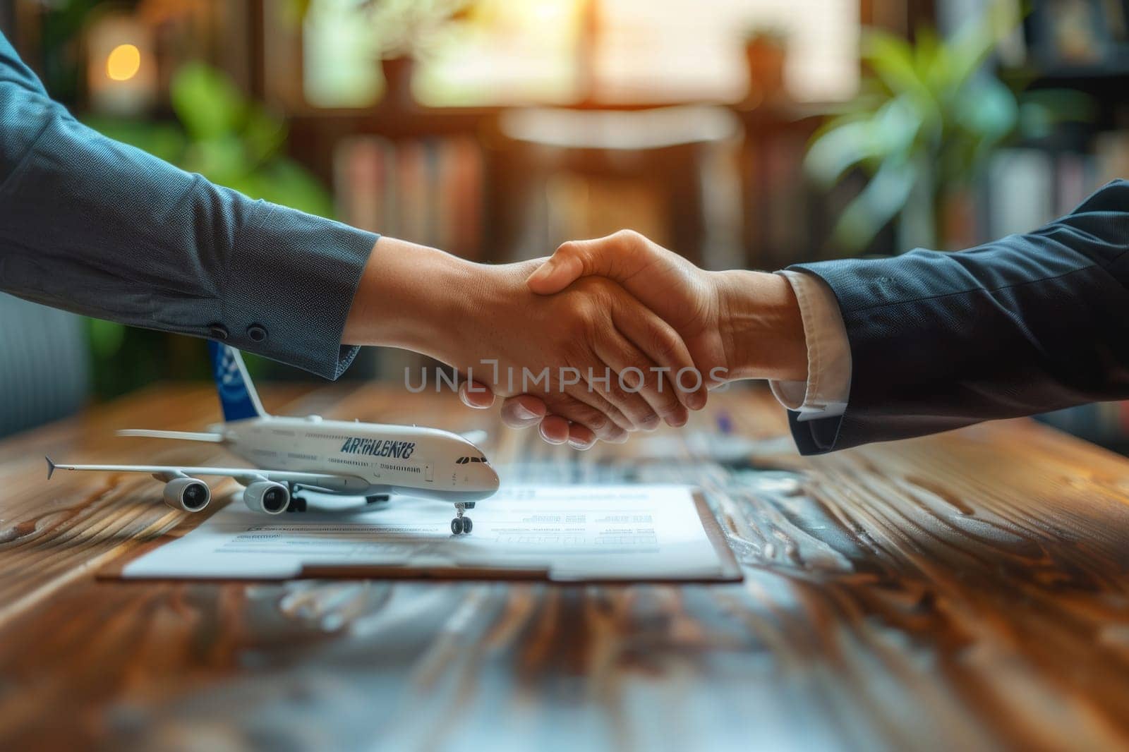 Close up business professional handshake with new partnership. Logistic concept. Generative AI.