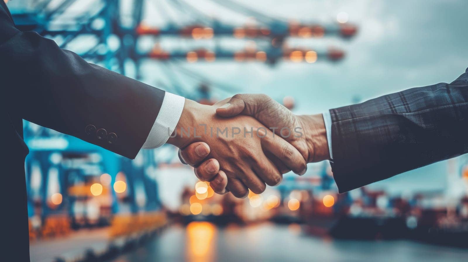 Close up business professional handshake with new partnership. Logistic concept. Generative AI by itchaznong