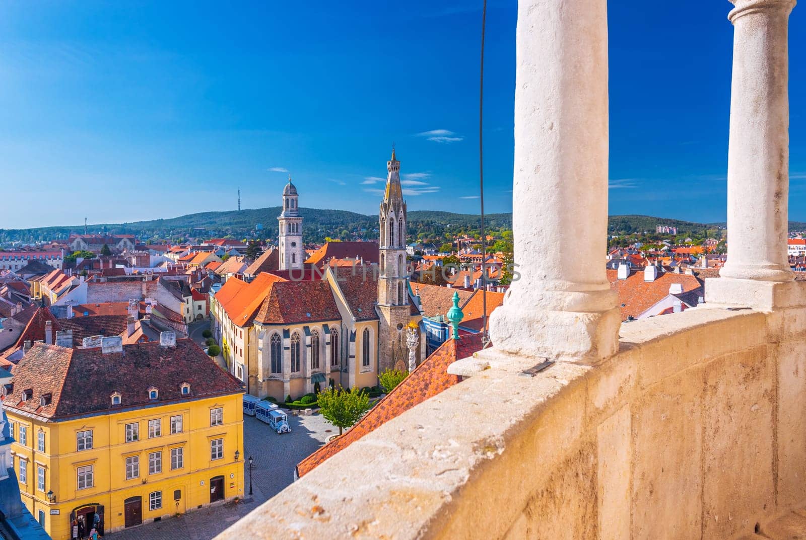 A panoramic view from the balcony of the Fire Tower of Sopron, an old Hungarian town. High Quality Photo
