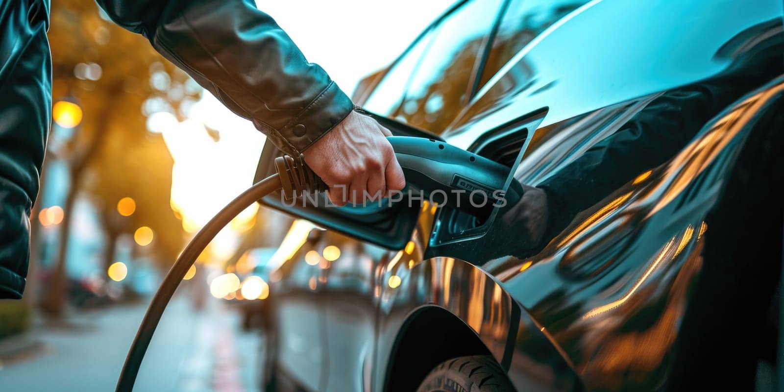 A picture about the electric vehicle that has been charging at the charging station and has been connected with the charger that has been connecting to the electric vehicle to become new tech. AIGX01.