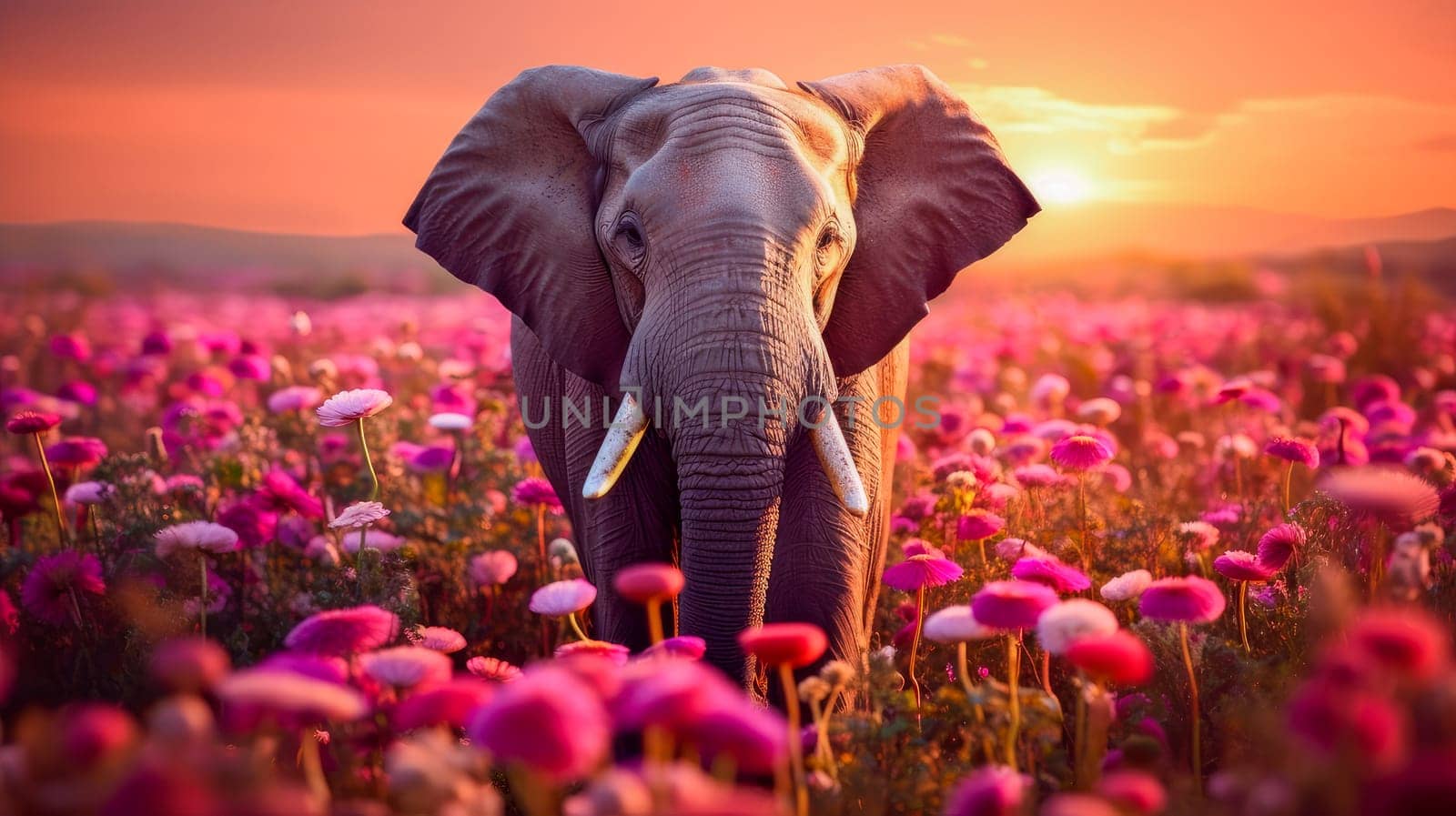 Cute, beautiful elephant in a field with flowers in nature, in sunny pink rays. by Alla_Yurtayeva