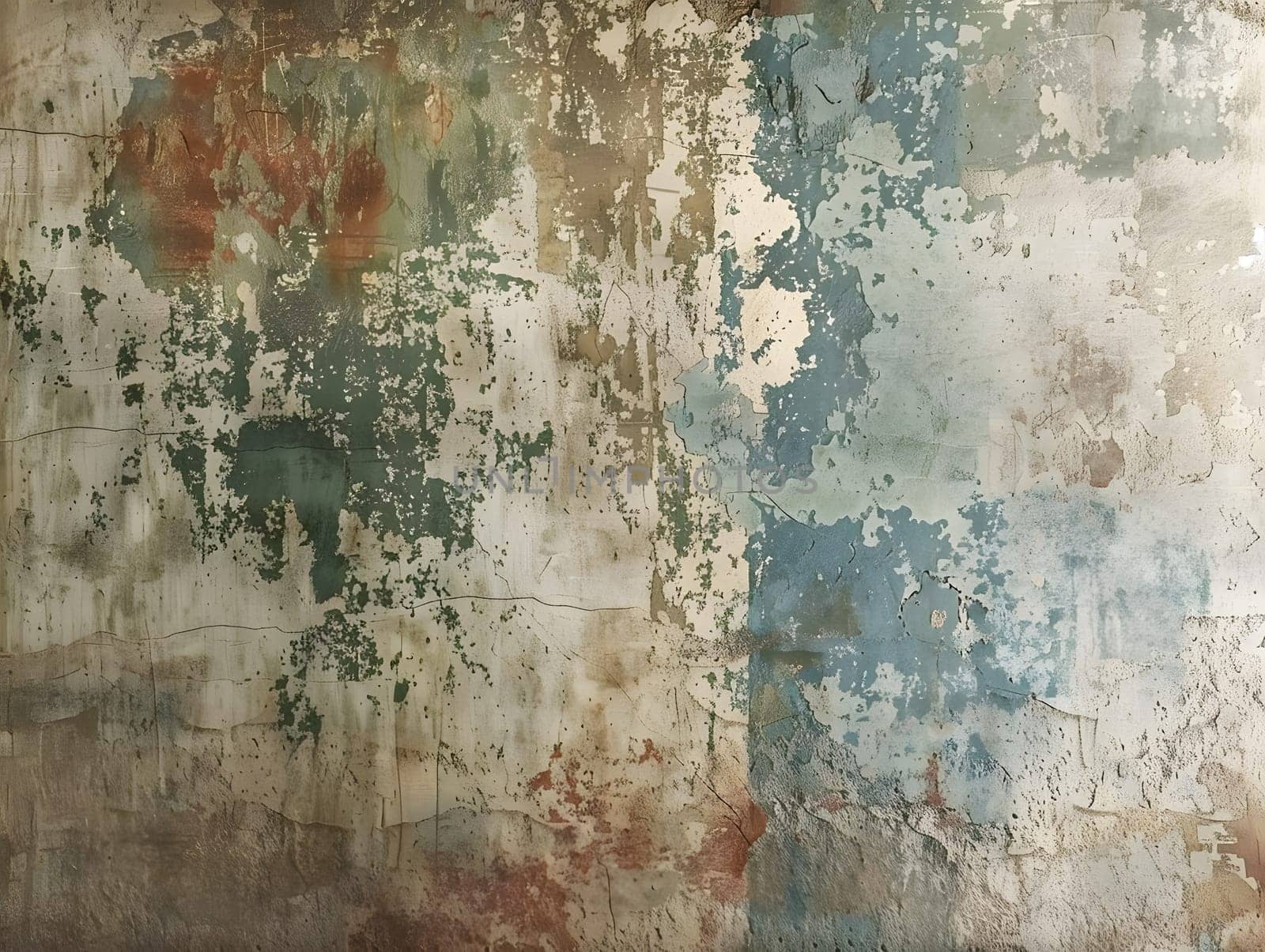 A closeup of a wooden wall with peeling paint, revealing a unique pattern resembling a landscape painting. The visual arts of decay and natural beauty