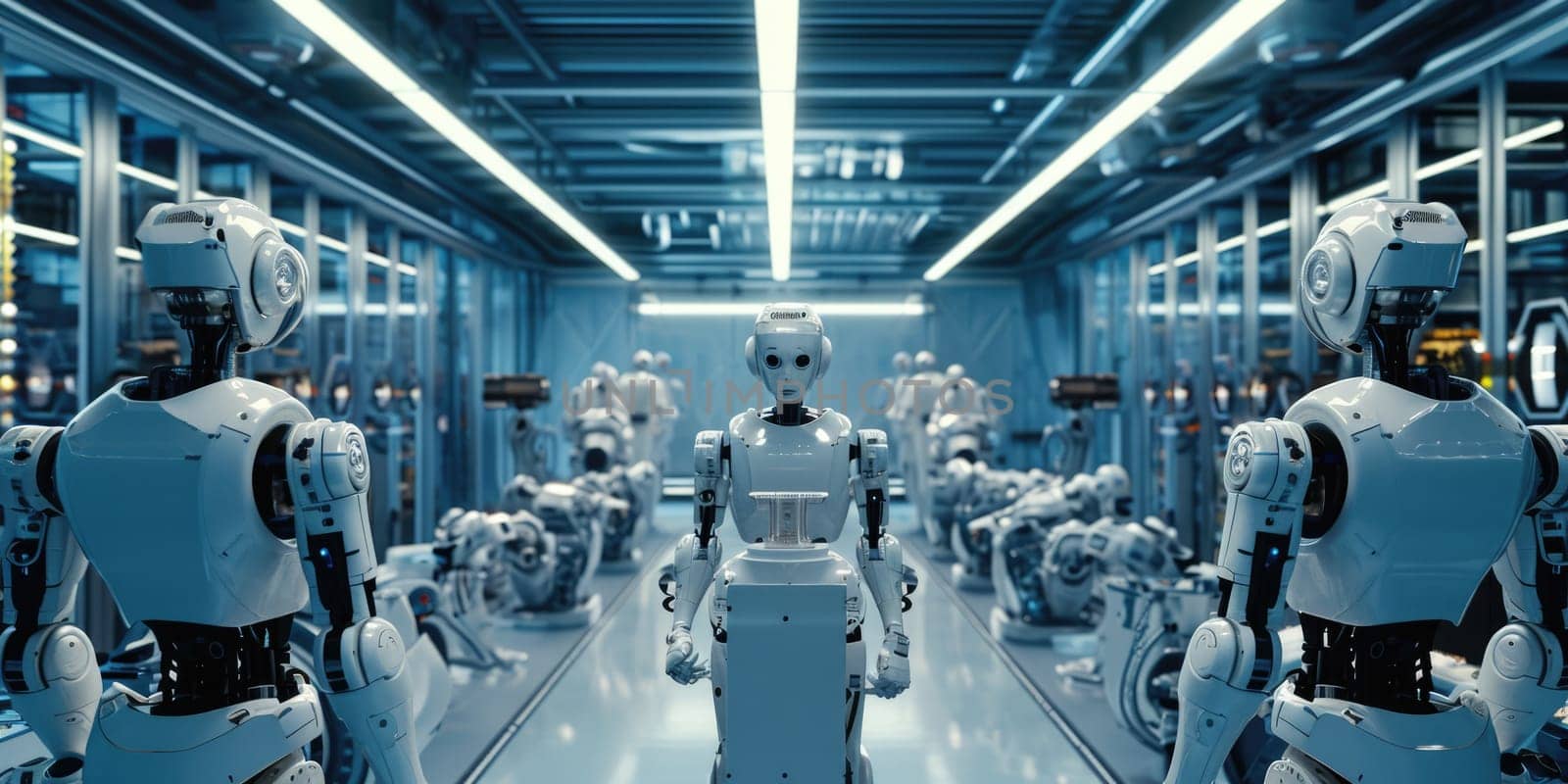 A high-tech robotics lab, engineers working on advanced AI machines, showcasing innovation and futuristic technology. Resplendent.