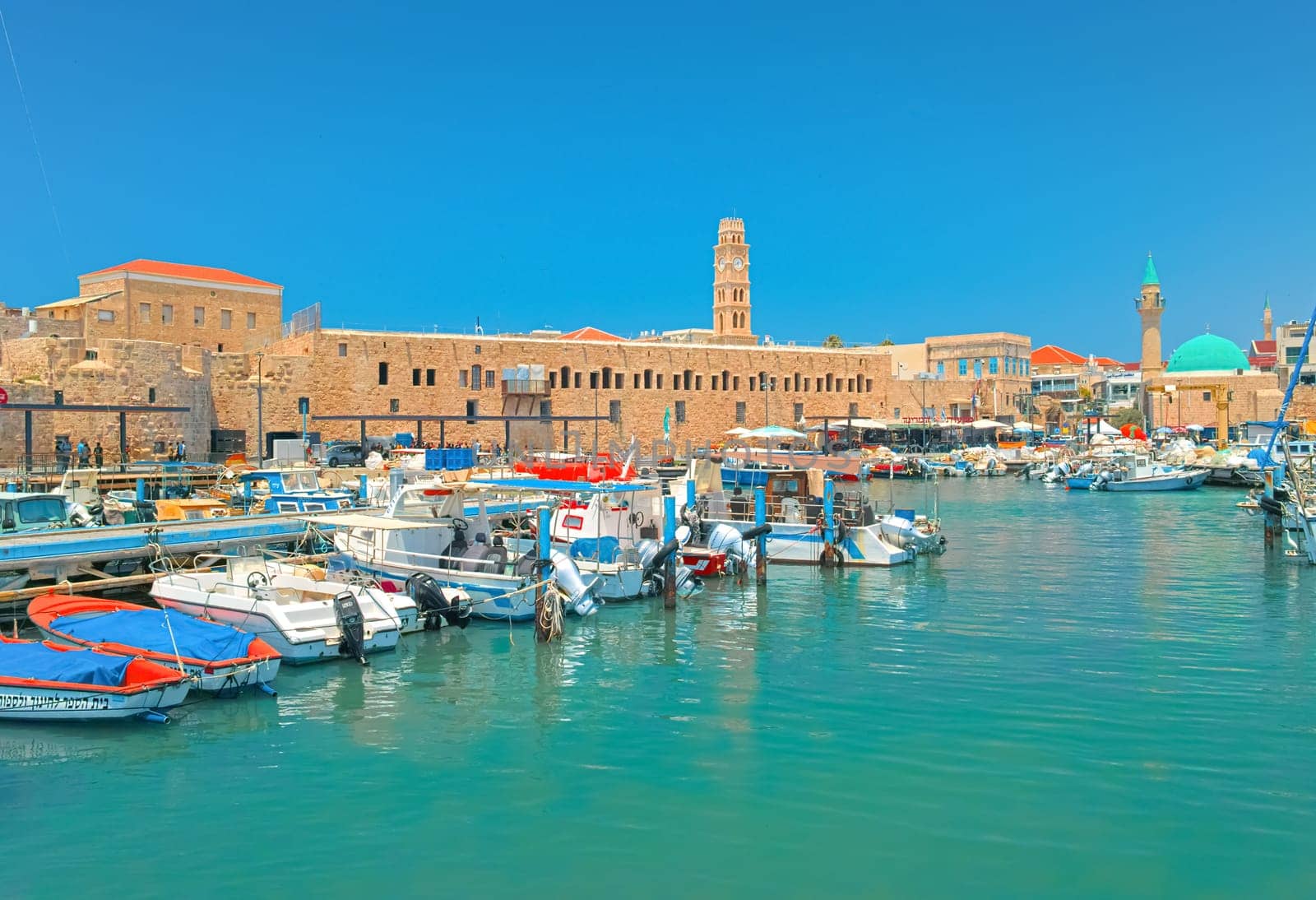 Acre, Israel - 10 May,2023: View of the harbor of Acre, a port city in northwest Israel.