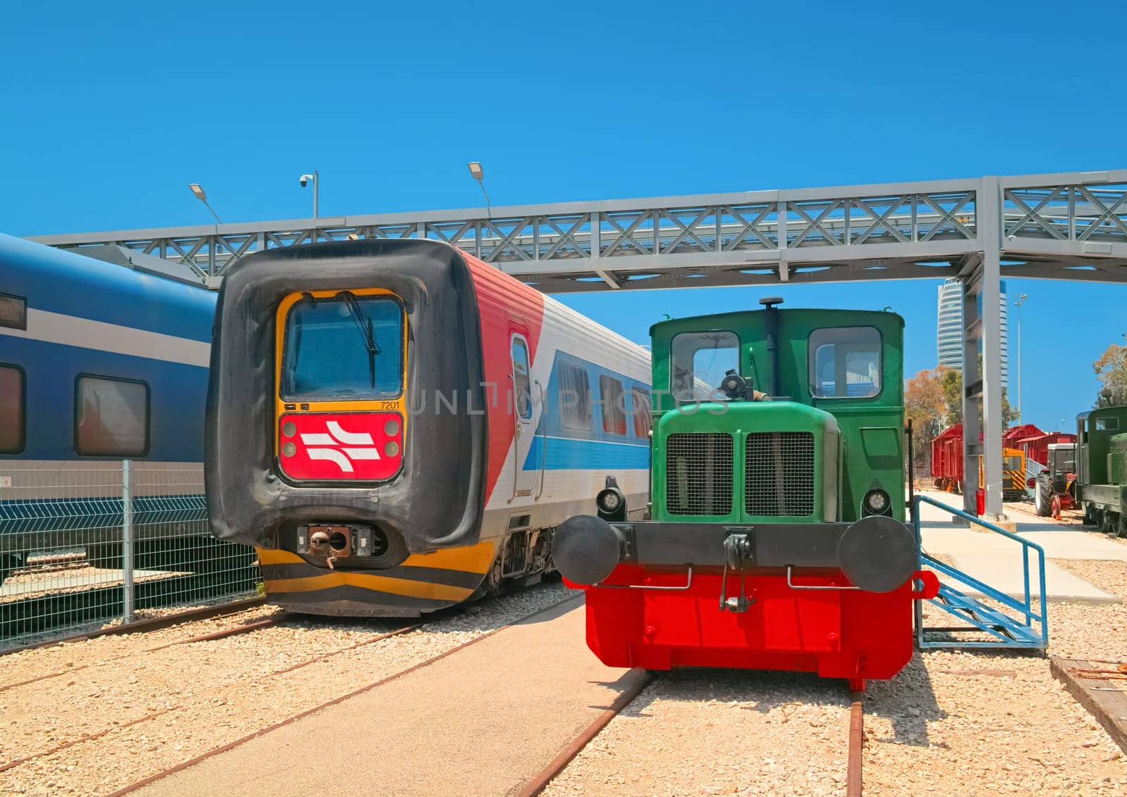 Haifa, Israel - 10 May, 2023: Modern and old diesel locomotives in the open air part of The Israel Railway Museum.