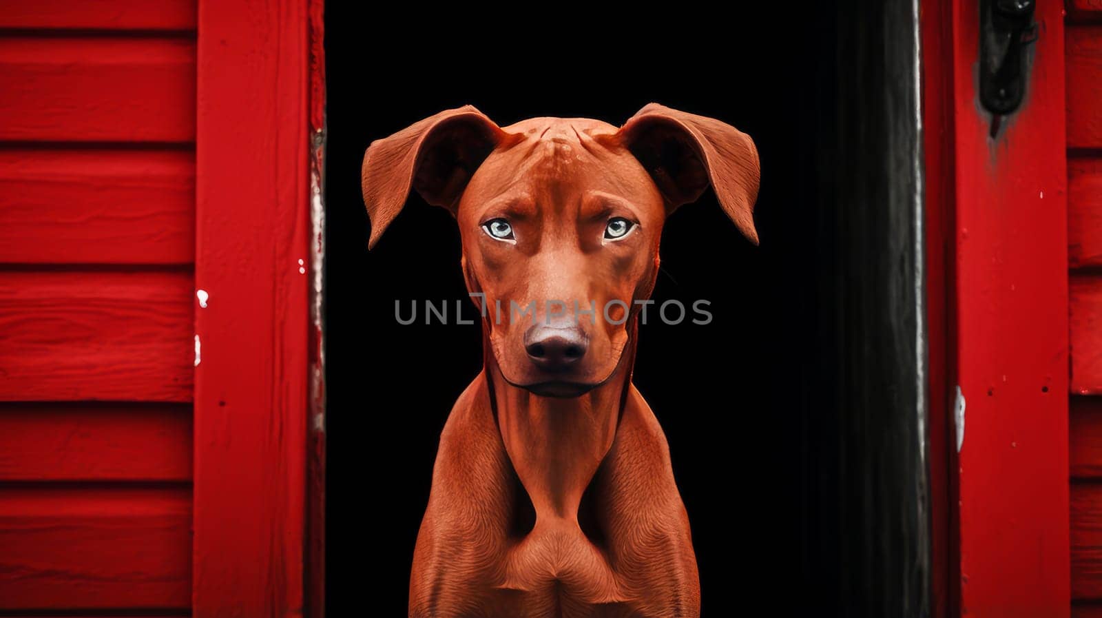 A big, angry, serious red and fluffy dog. Advertising holidays for animals, travel agency, pet store, modern training and courses, animators, holiday goods, veterinary medicine, veterinary pharmacy.
