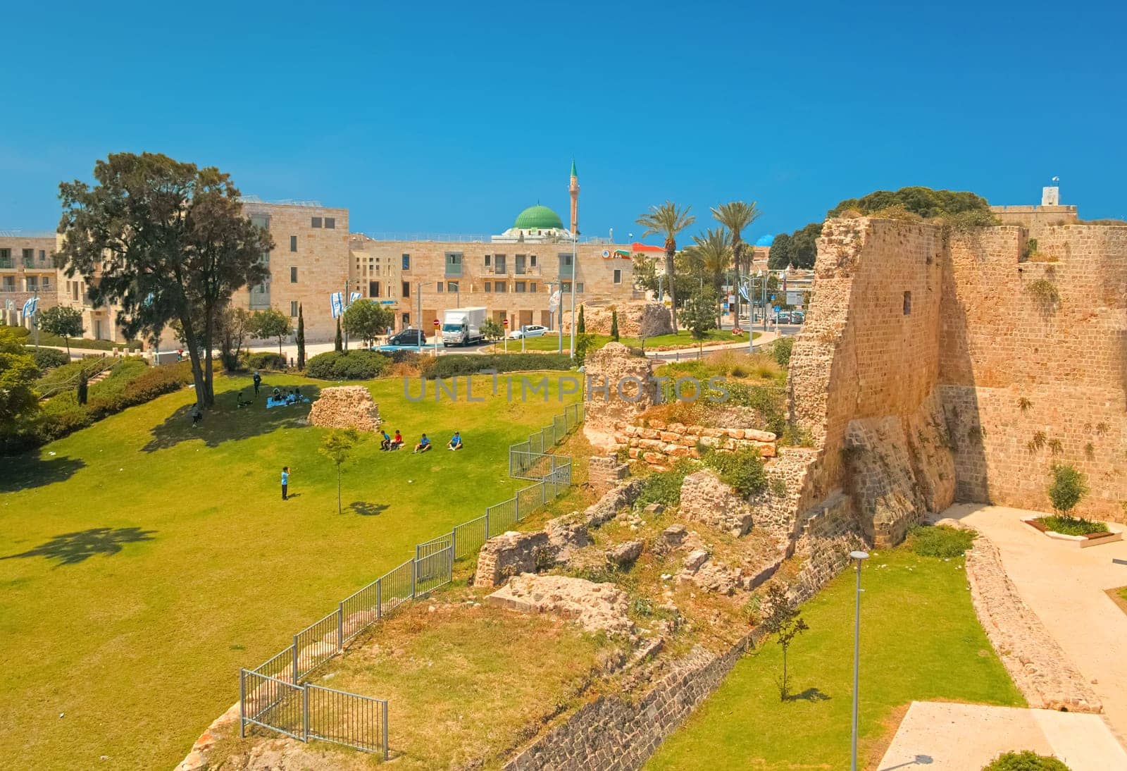 Acre, Israel - 10 May, 2023: Ruins of an ancient city wall in one of the oldest cities in Israel.