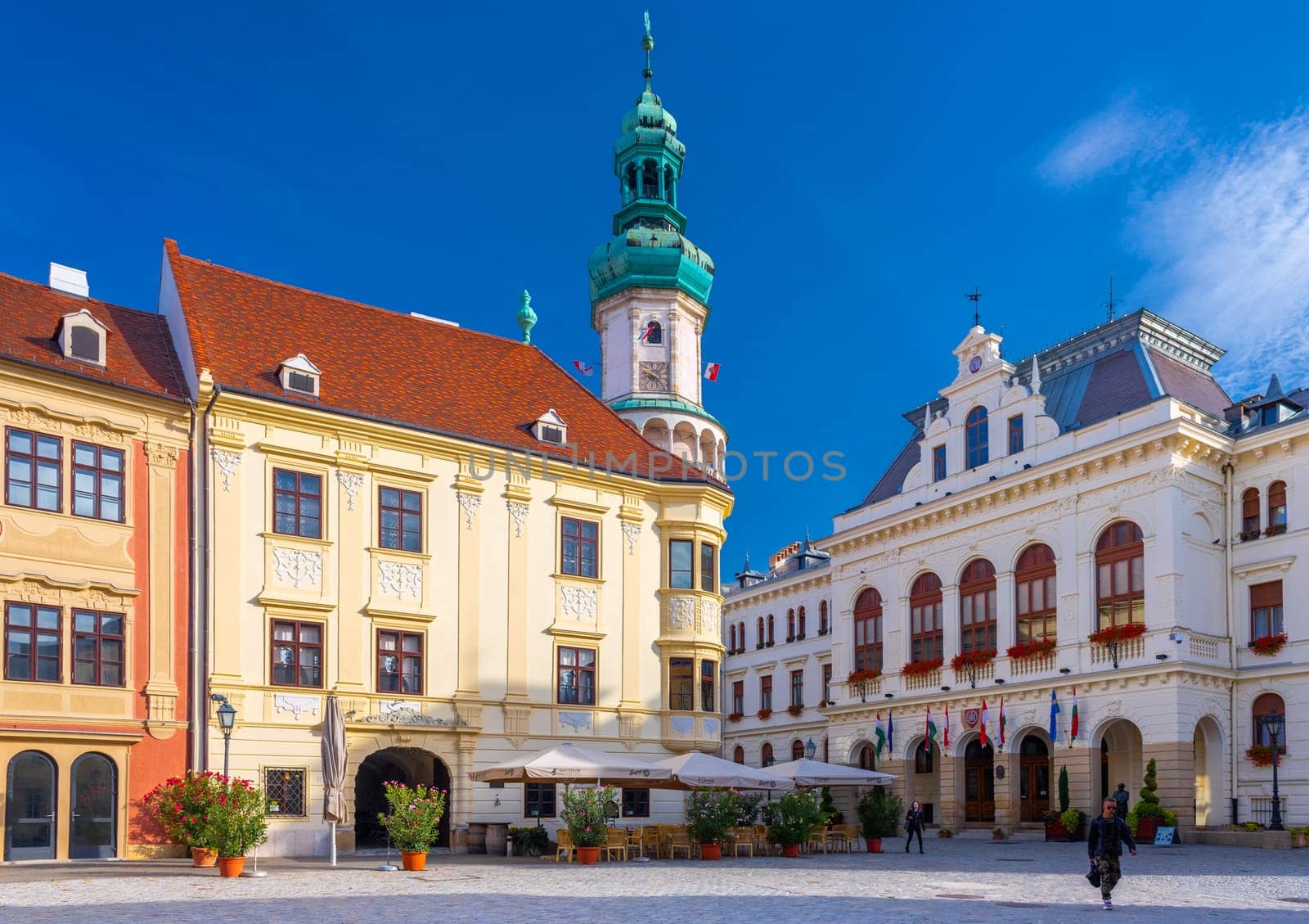 Sopron, Hungary - 13 October 2023: View of the Fire Tower and City Hall in the central square of the city of Sopron