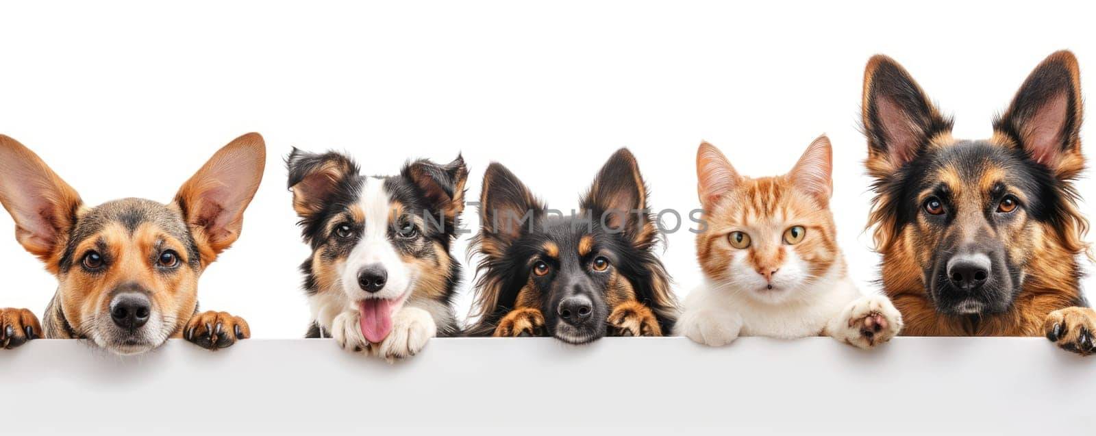 The picture of front view and close up of the multiple group of the various cat and dog in front of the bright white background that look back to the camera with the curious and interest face. AIGX03.