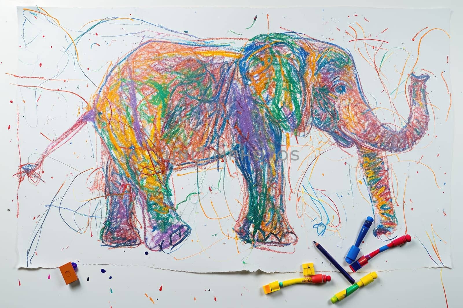 The hand drawing colourful picture of the elephant that has been drawn by the colored pencil, crayon or chalk on white blank background that seem to be drawn by the child that willing to draw. AIGX01.