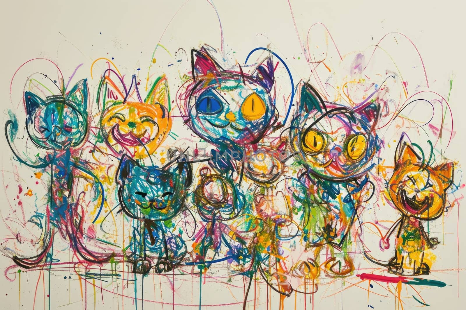 The hand drawing colourful picture of the group of the various type of the cat that has been drawn by the colored pencil or crayon on the white background that seem to be drawn by the child. AIGX01.