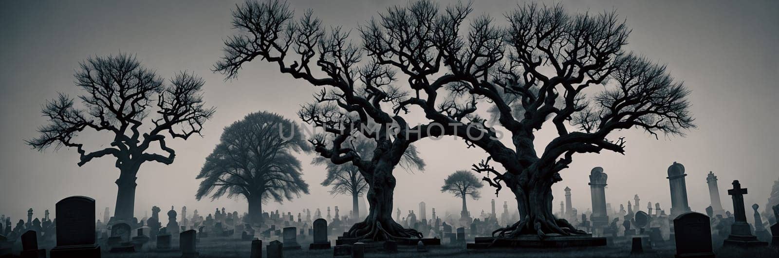 A hauntingly beautiful graveyard shrouded in mist, with weathered tombstones standing sentinel amidst gnarled trees and twisted branches reaching towards the moon.