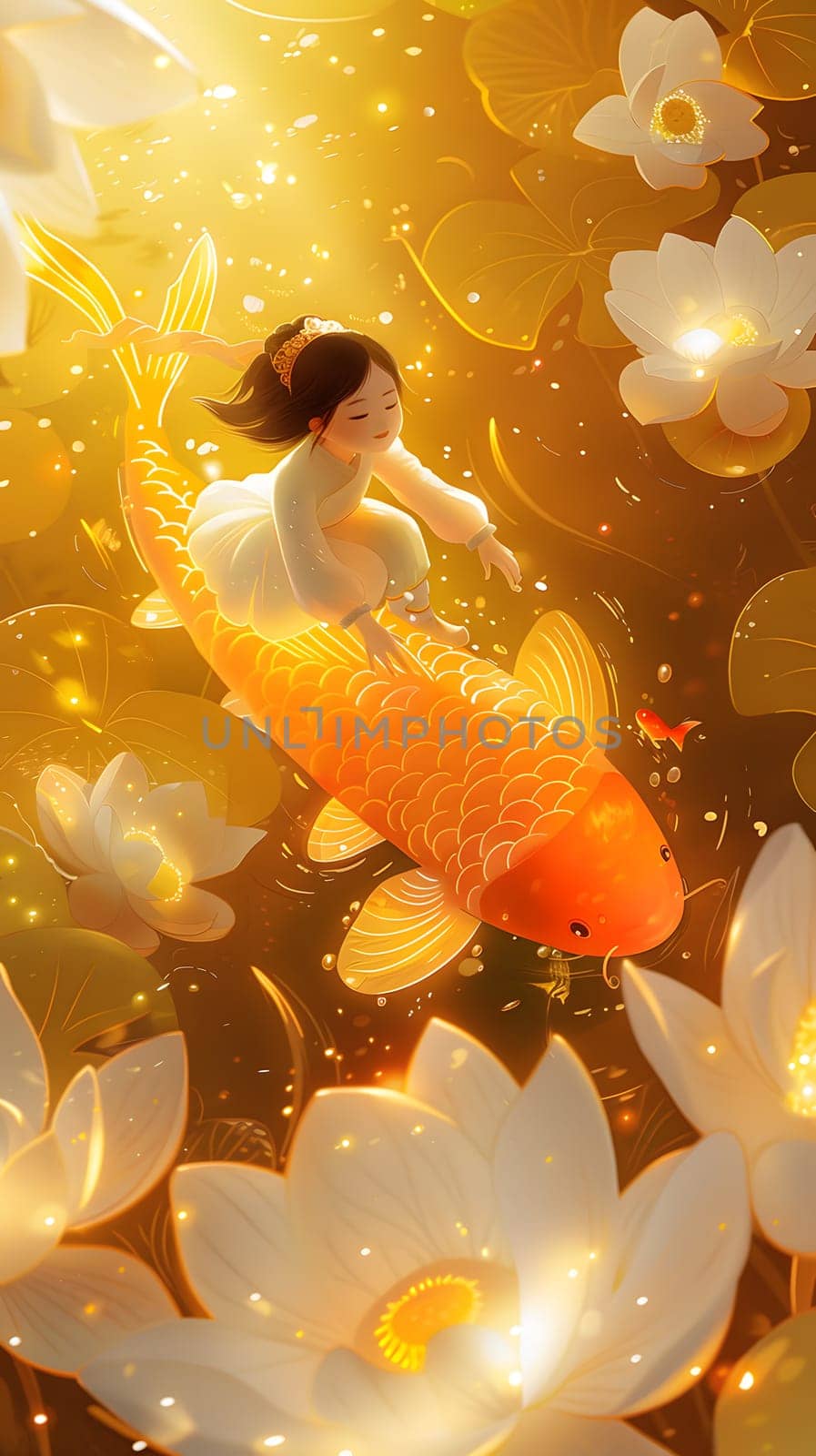 A small girl is seated atop a goldfish in a pond filled with lotus flowers. The amber fish swims gracefully among the orange petals, illuminated by sunlight filtering through the water