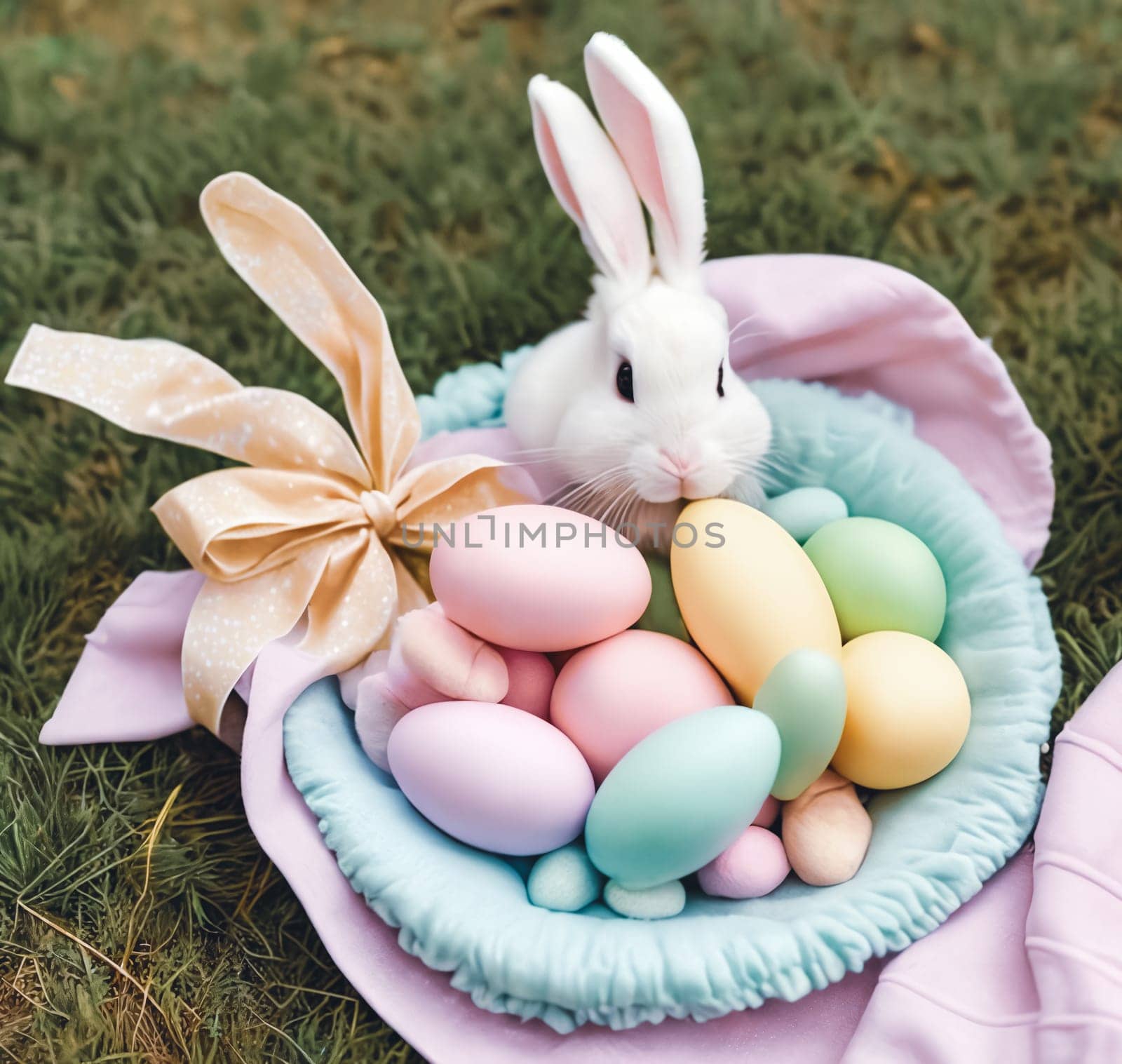 Adorable Bunny Decor. A charming arrangement of plush Easter bunny toys, pastel-colored ribbons, and decorative eggs displayed on a soft, fluffy surface like grass or a cozy blanket to evoke a sense of warmth and cuteness.