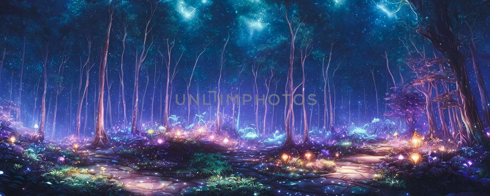 A mystical forest at night with luminescent plants and firefly-like creatures lighting up the scene. AI Generated