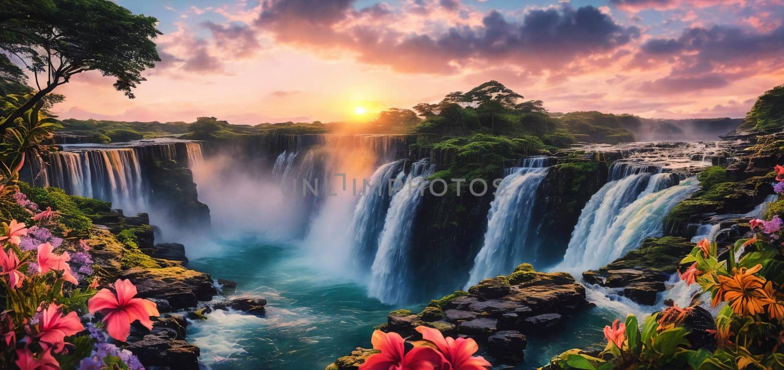 Fantasy landscape with waterfall at sunset, panorama.