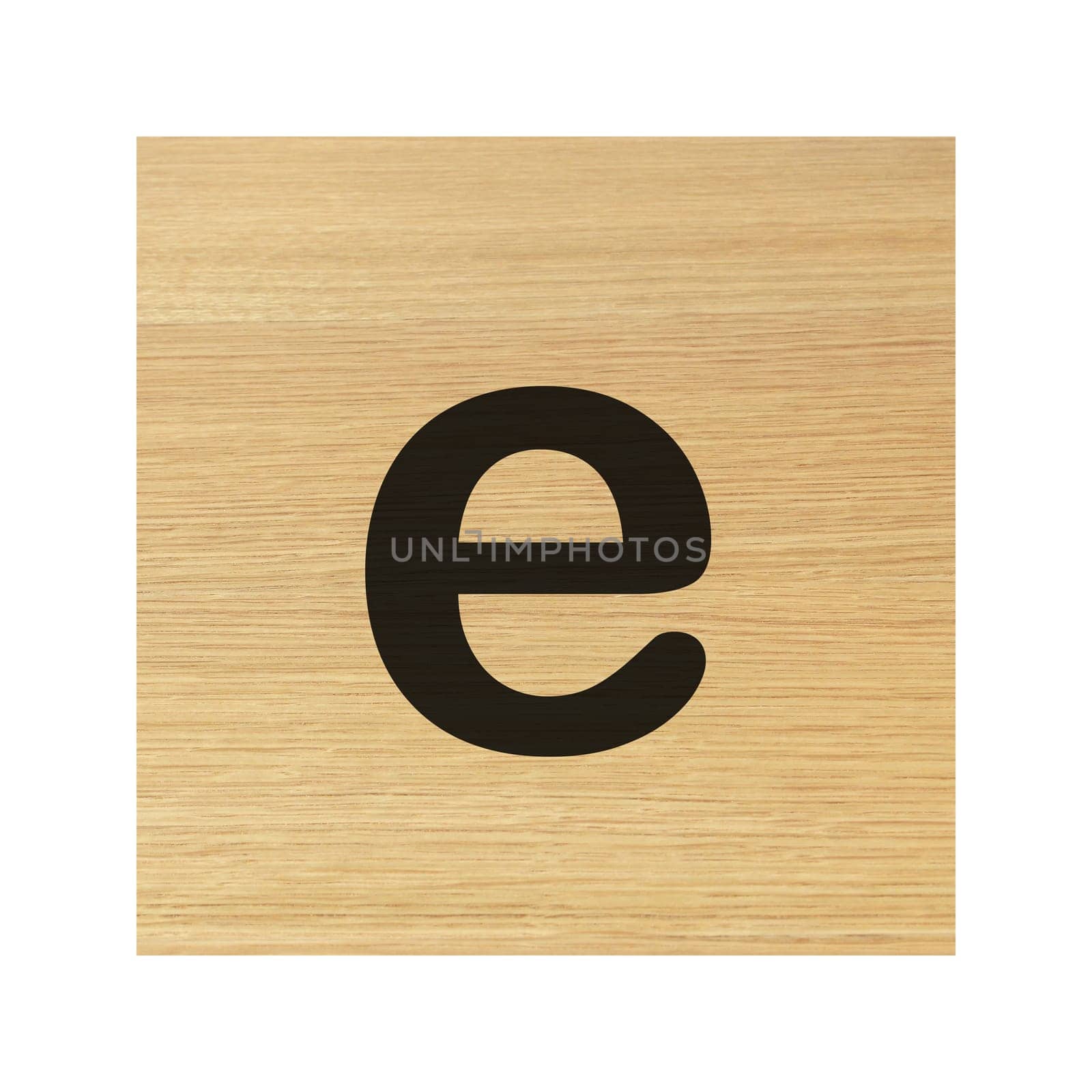 A lower case e wood block on white with clipping path