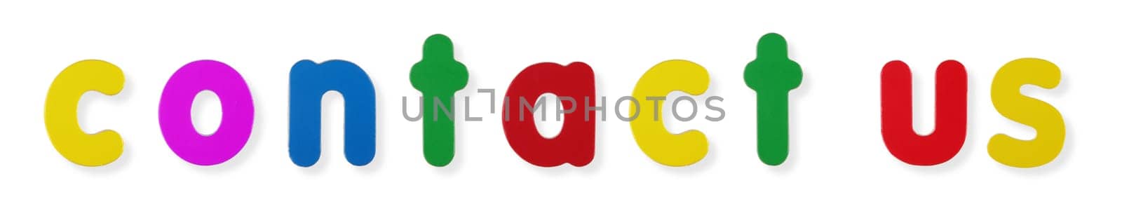contact us words in coloured magnetic letters on white with clipping path to remove shadow