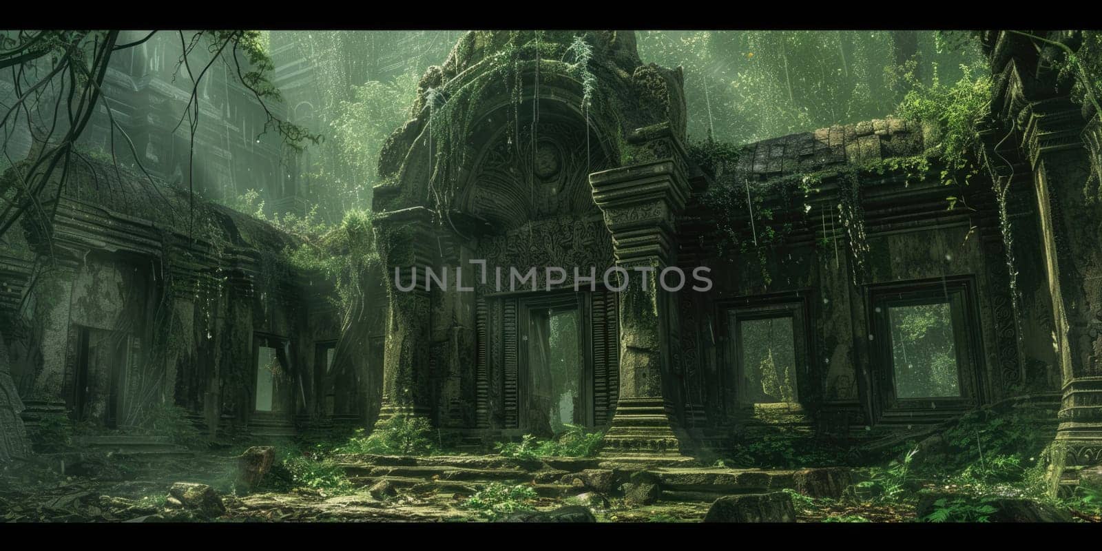 An ancient, abandoned temple overrun by nature, with intricate carvings and overgrown vines. Resplendent.