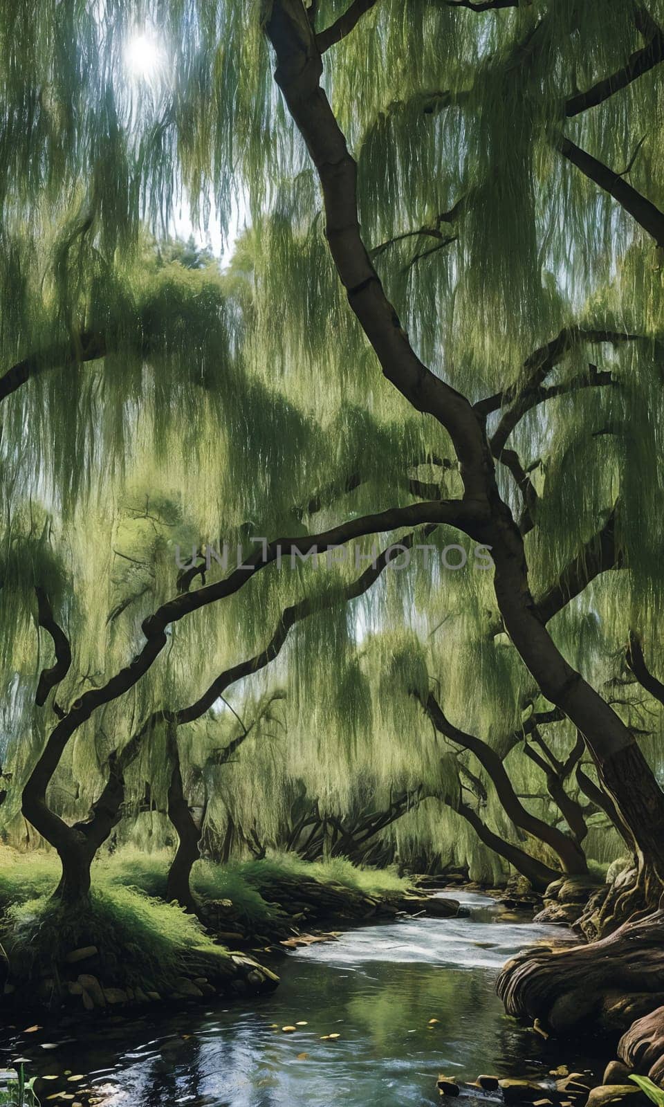 Whispering Willow Grove. Beneath ancient willow trees, their long branches trailing in a silver river, tiny doors appear. Fairies, sprites, and woodland creatures gather here, sharing secrets and laughter.