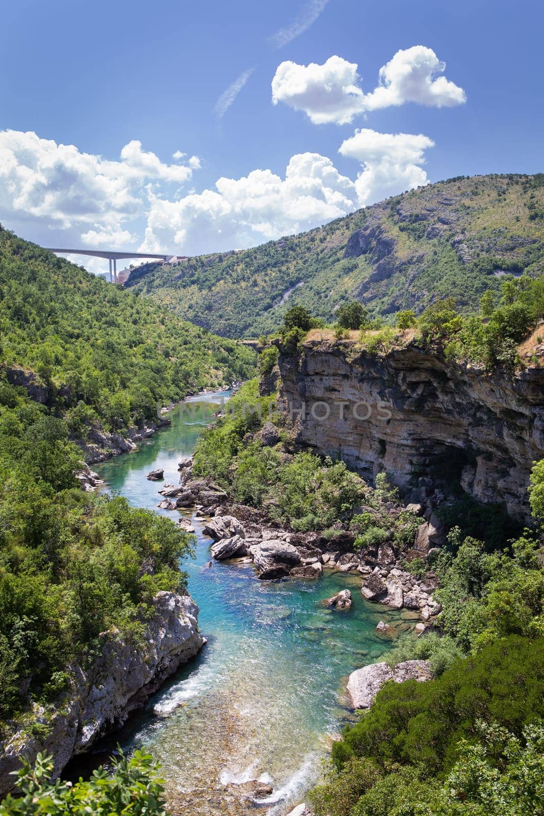 A serene river flows through a dramatic canyon, surrounded by lush greenery and towering rocky cliffs