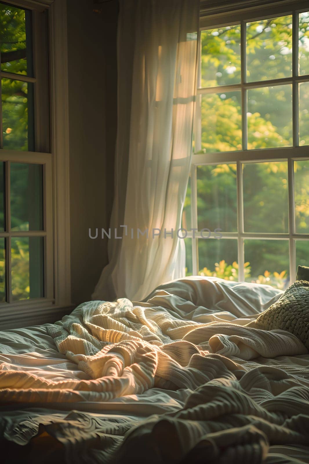 A hardwood bed frame sits in front of a rectangular window, with sunlight filtering through the tints and shades. A plant decorates the room, complementing the soft linens on the bed