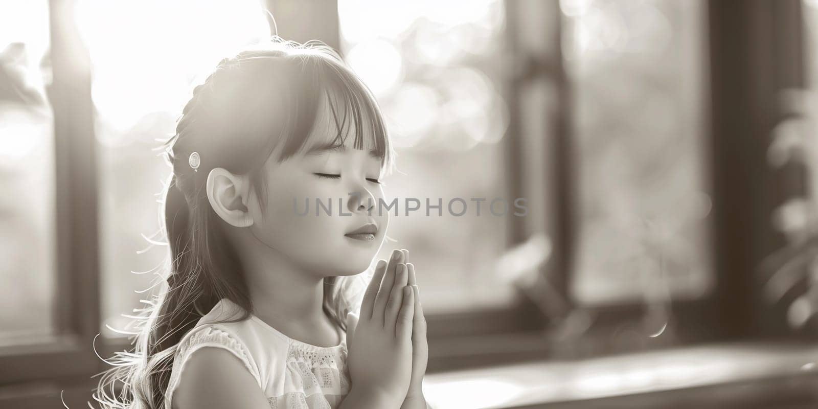 Happy Little girl praying in the morning.Little asian girl hand praying,Hands folded in prayer concept for faith, worship, spirituality and religion.black and white tone. by Andelov13