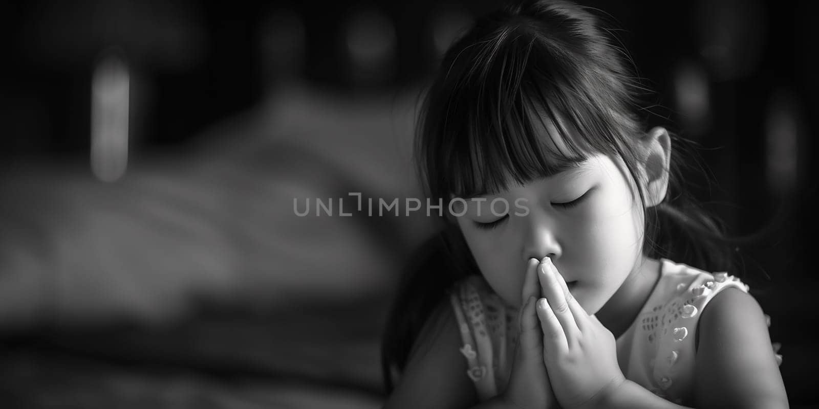Happy Little girl praying in the morning.Little asian girl hand praying,Hands folded in prayer concept for faith, worship, spirituality and religion.black and white tone. High quality photo