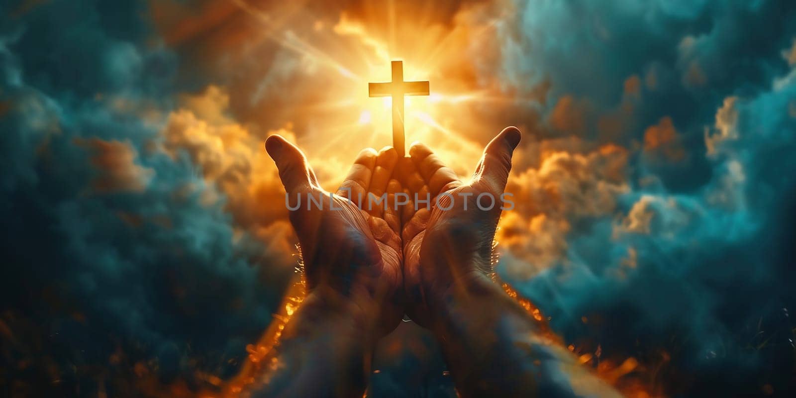 Hands together praying in bright sky. High quality photo