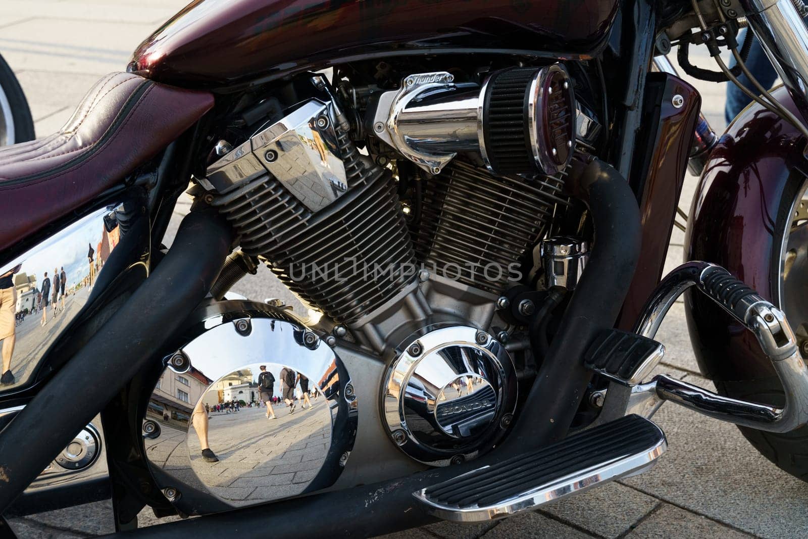 Warsaw, Poland - August 6, 2023: Classic motorcycle Honda VTX 1800. side view of the engine