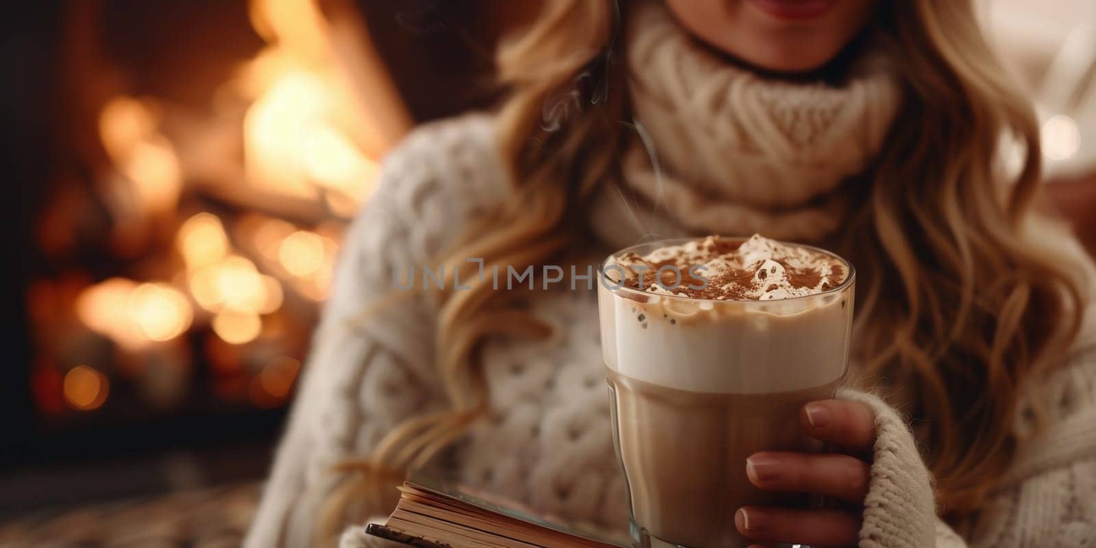 Girl holding cacao with whipped cream. Christmas holiday concept. Holiday background. Cold retro tone. by Andelov13