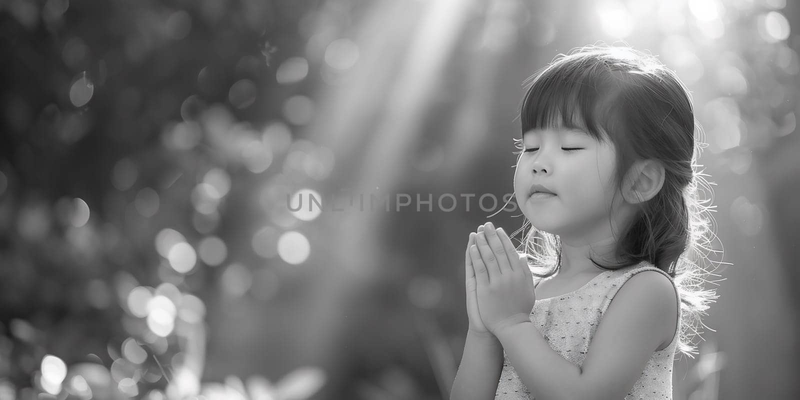 Happy Little girl praying in the morning.Little asian girl hand praying,Hands folded in prayer concept for faith, worship, spirituality and religion.black and white tone. by Andelov13