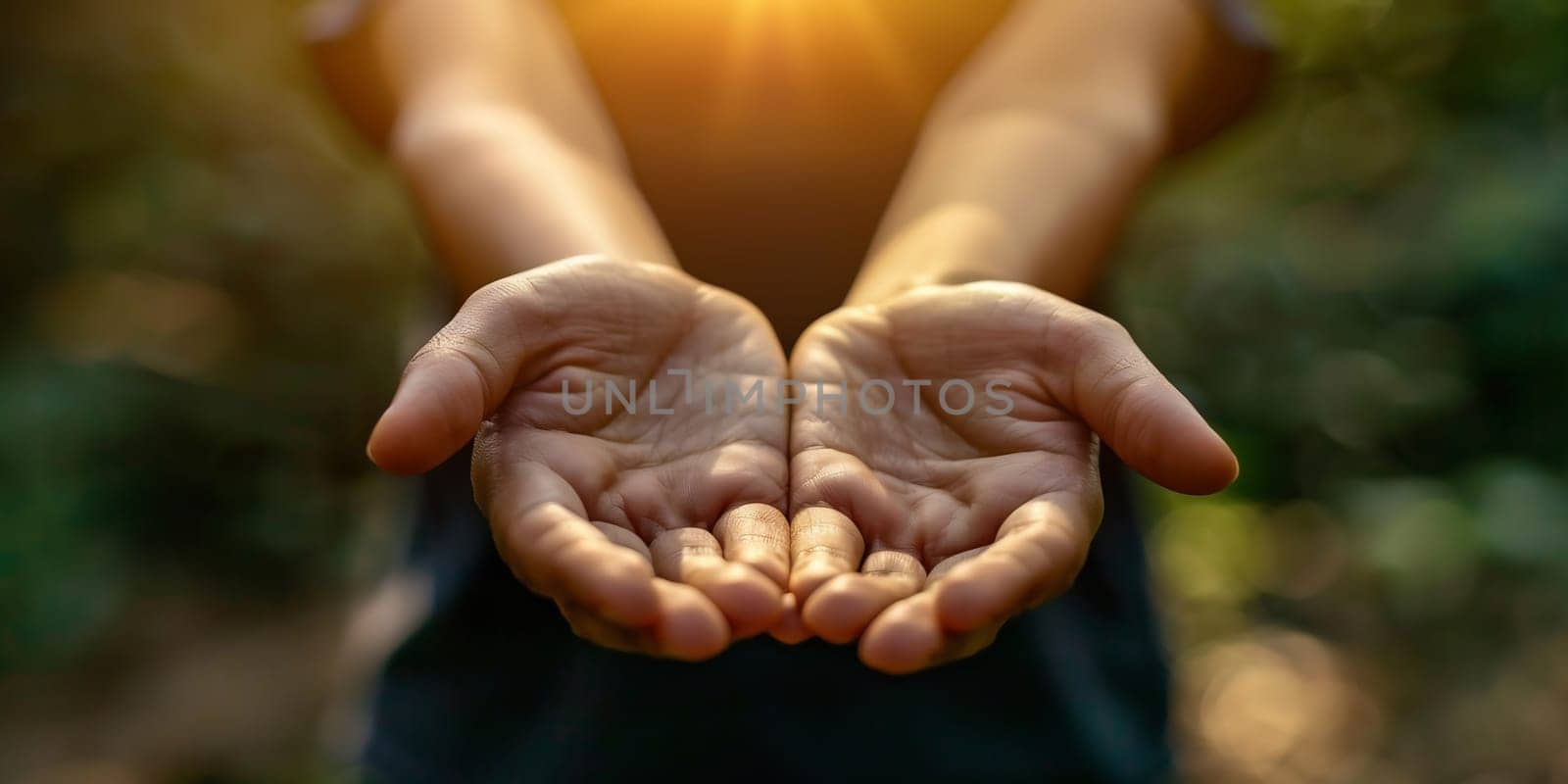 Human open empty hands with palms up, over blurred nature background. High quality photo